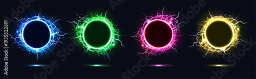 Thunder rings set with vibrant lightning circles in blue and green, yellow and pink colors. Electric energy portal effects with glowing bolts and neon sparks on dark background. Magic thunder orb