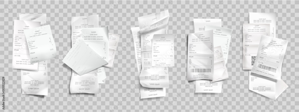 Obraz premium Receipt mockup with realistic 3D paper pile of shop bill tickets and cash register slips. White worn payment vouchers stack with thermal print texture and wrinkles for supermarket POS design.