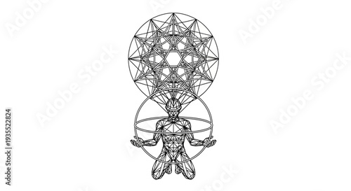 Geometric Human Figure Holding Cosmic Mandala, Sacred Geometry, Spiritual Symbolism