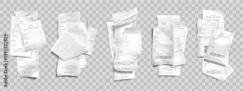 Receipt mockup with realistic 3D paper pile of shop bill tickets and cash register slips. White worn payment vouchers stack with thermal print texture and wrinkles for supermarket POS design.