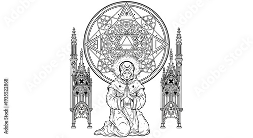 Mystic Monk Praying Under Sacred Geometry Mandala