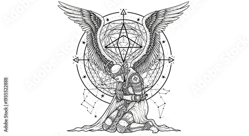Mystical Angel Embraces Celestial Geometry and Stars Illustration