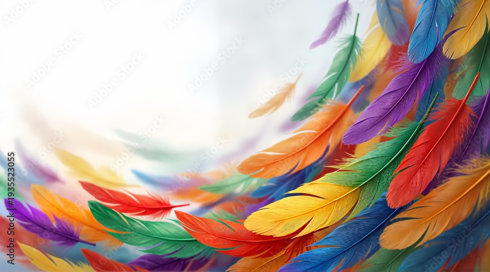 Fototapeta premium Colorful feathers blowing in wind on white background