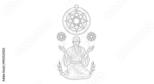 Mystic Monk Meditating with Sacred Geometry Symbols and Cosmic Energy