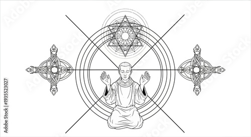 Zen Meditation Mandala: Figure in Lotus Pose with Sacred Geometry and Symbols