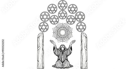 Mystic Wizard Performing Ritual with Magical Symbols and Ancient Stones