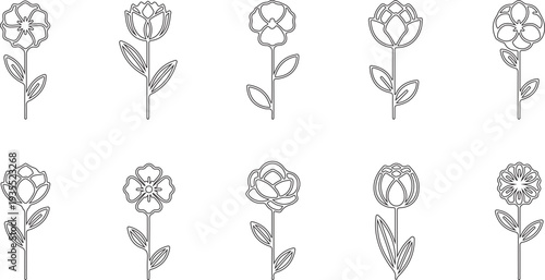 Set of 10 Outline Flower Icons Vector Collection for Nature, Garden, Spring, and Floral Design Elements