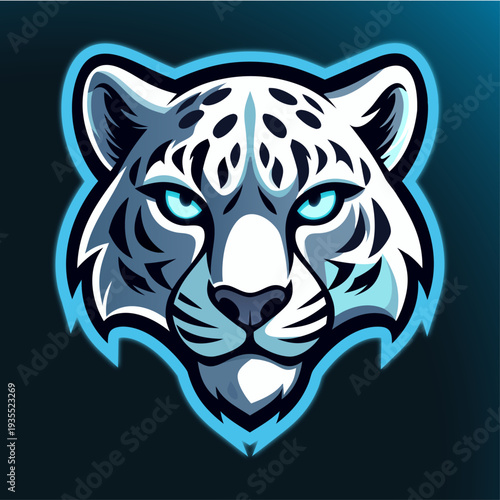 A striking illustration of a snow leopard's captivating visage, showcasing its unique spotted coat and piercing blue eyes against a dark backdrop. 