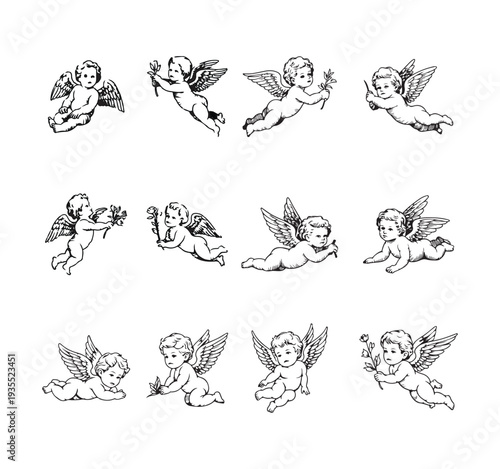 Twelve antique style cherub sketches showing various sweet poses with wings and small floral elements