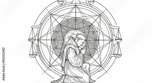 Monk Praying Kneeling Inside Sacred Geometry Circle