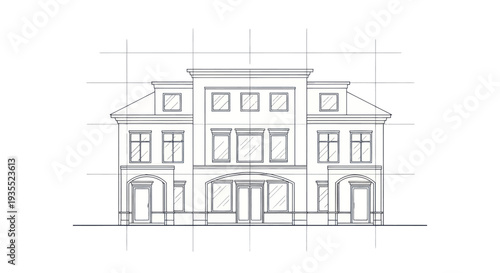 Architectural Drawing of a Classical Building Facade with Grid Overlay.