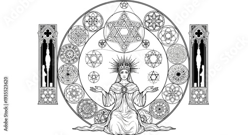 Mystical Symbols and Sacred Geometry Mandala with Twin Figures