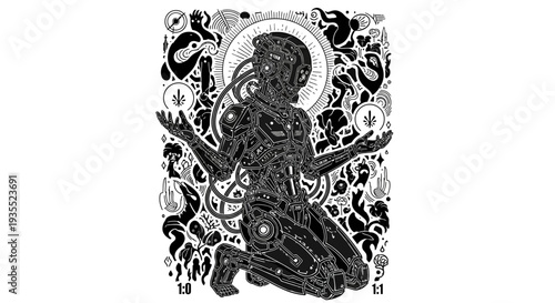 Futuristic Cyborg Figure Kneeling with Orbs and Abstract Background