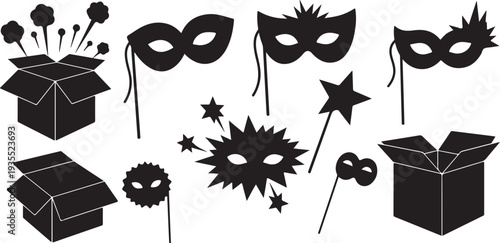 Black and white masquerade party icons and accessories set
