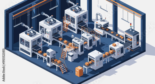 Automated factory production line with robotic arms and conveyor belts.