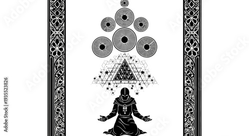 Mystic Knight Praying Under Sacred Symbols and Stars