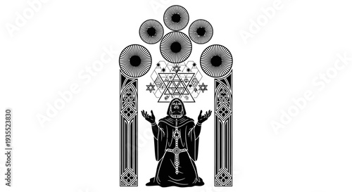 Mystic Figure Kneeling Under Sacred Geometry Archway, Ascending Symbolism