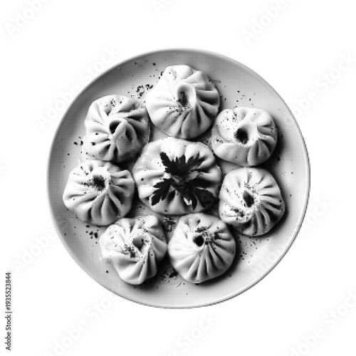 Plate of dumplings in halftone style. Monochrome dotted vector illustration of traditional filled dumpling dish representing cuisine, cooking, restaurant and homemade food.