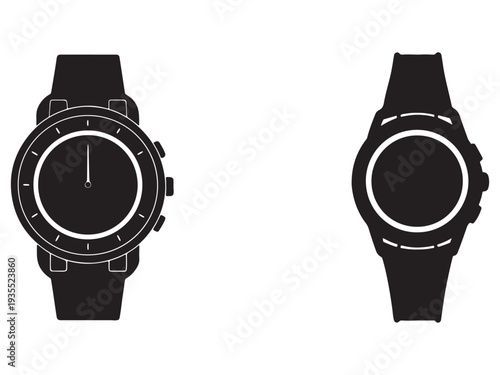 Blackandwhite illustration of two watches one shown from the front and the other from the back both with detailed designs and markings on a white background  time concept