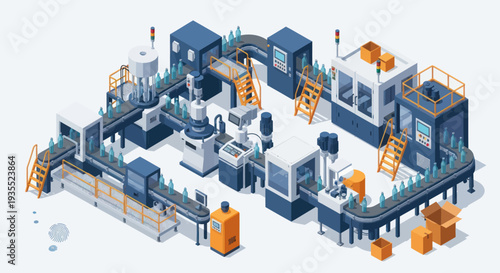 Automated Factory Production Line with Robotic Arms and Conveyor Belts.
