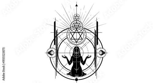 Mystical Woman Silhouette with Sacred Geometry and Cosmic Symbols
