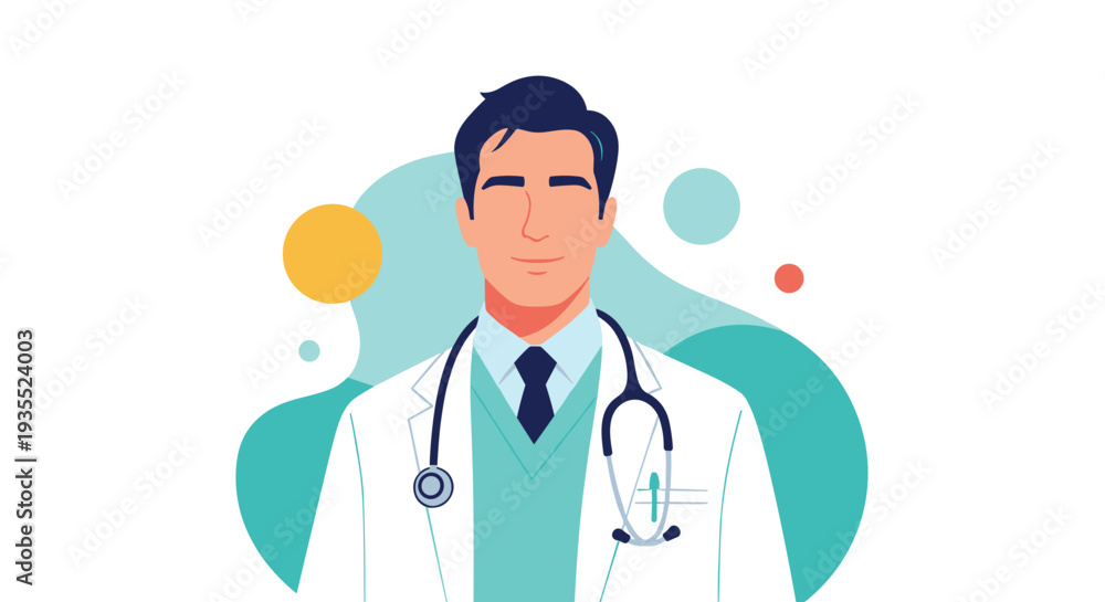 Fototapeta premium Friendly male doctor in a white lab coat and stethoscope smiling against an abstract background of soft shapes.