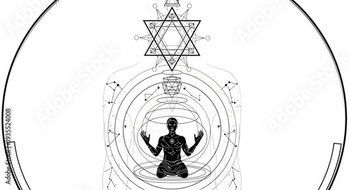 Mystical Human Silhouette Meditating Amidst Sacred Geometry and Cosmic Circles
