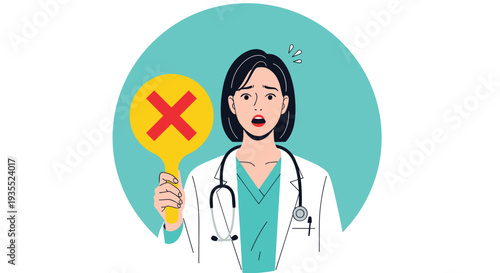 Surprised female doctor wearing a white coat and stethoscope holding a yellow sign with a red cross on it.