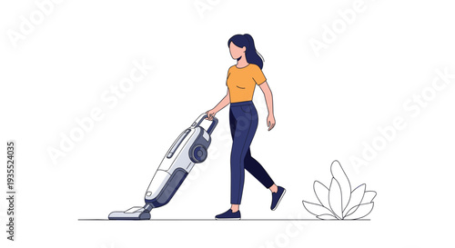 Woman using a modern cordless vacuum cleaner to tidy up her home as she walks across a white background.