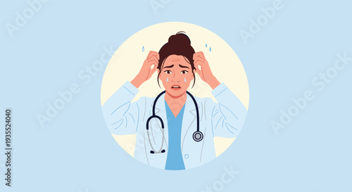 Female healthcare professional in a white coat and stethoscope crying and feeling overwhelmed with stress.