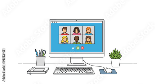 Modern office workspace setup with a desktop computer displaying a grid of diverse people participating in a remote video conference call.