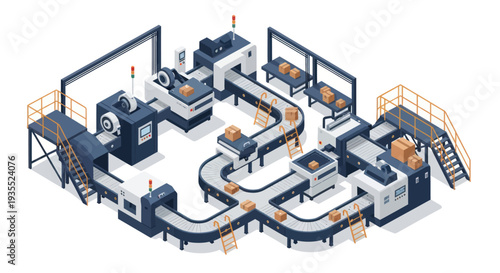 Automated Industrial Manufacturing Production Line with Conveyor Belts and Machinery.