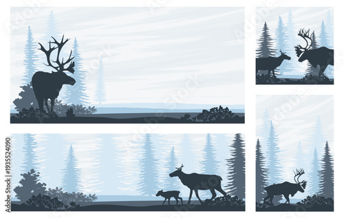 Vector set of northern forest landscapes with reindeer silhouettes, wild animals in winter pine wood, banners and cards collection with conifer trees and bearberry, isolated on white
