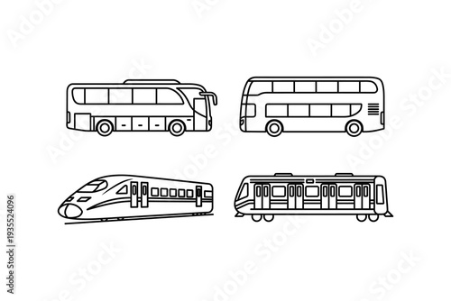 Four different types of public transportation vehicles in black and white line art Vector