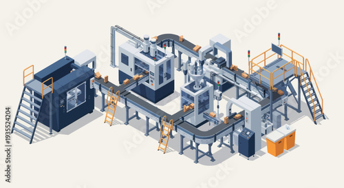 Automated Industrial Manufacturing Production Line with Conveyor Systems.