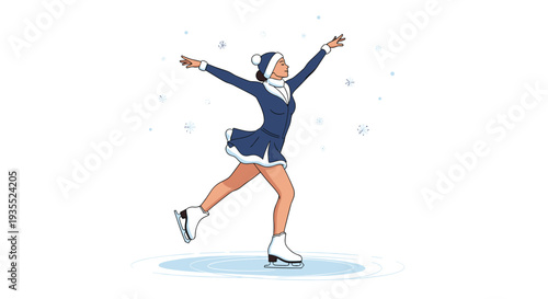 Graceful female figure skater in a blue winter outfit and hat performing a beautiful move on an ice rink surrounded by delicate falling snowflakes.