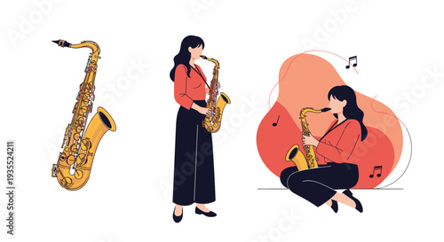 Collection of musical graphics featuring a golden saxophone and a woman in a red shirt playing the instrument in both standing and sitting positions.