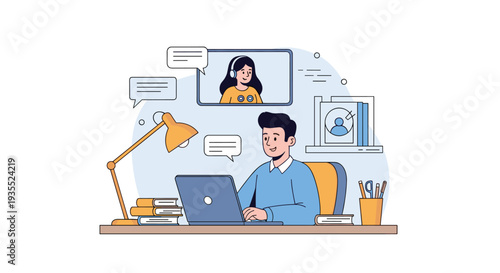 Young man working at a laptop on a desk with books and a lamp while having a video call with a female colleague displayed in a floating screen.