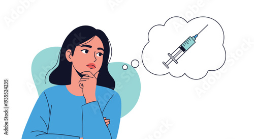 Thoughtful young woman in a blue sweater leaning her chin on her hand while contemplating a medical vaccine syringe in a thought bubble next to her.