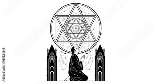 Man Praying Under Sacred Geometry Star of David Symbol in Church Window