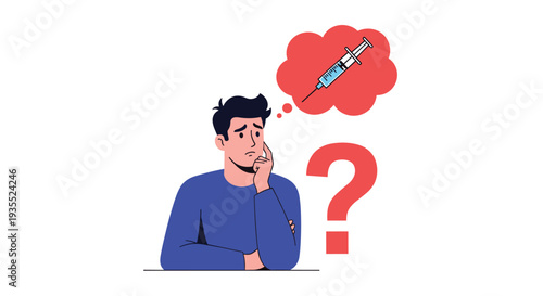 Pensive young man in a blue shirt with his hand on his chin thinking about a medical syringe vaccine inside a red thought bubble beside him.