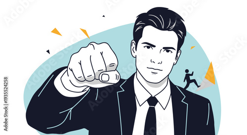 Close-up illustration of a businessman in a dark suit extending his fist towards the viewer in a gesture of strength, unity, or a fist bump.