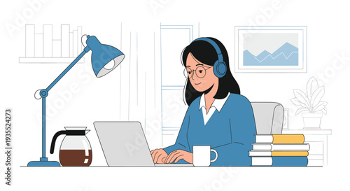 Focused woman wearing glasses and blue headphones sitting at a desk and typing on a laptop with a pot of coffee and stacks of books nearby.