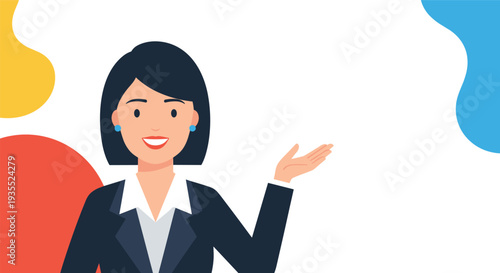 Smiling businesswoman wearing a professional suit gestures towards blank white copy space with colorful abstract elements in background.