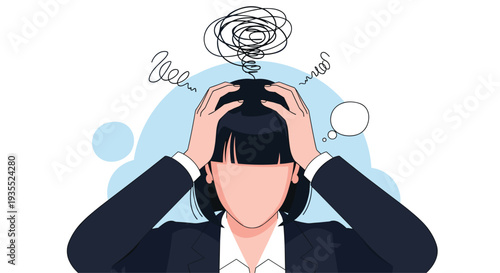 Overwhelmed businesswoman in a dark suit holds her head in pain as messy scribbles represent stress and mental exhaustion on a blue sky.