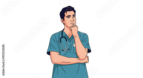 Thoughtful male medical professional in blue scrubs and a stethoscope holds his chin in contemplation against a plain white background.
