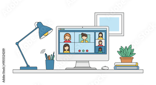 Organized home office desk features a computer monitor displaying a video conference with multiple participants among stationery items.