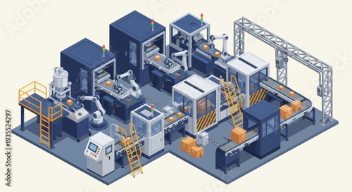 Automated Industrial Manufacturing Production Line with Robots and Conveyors.
