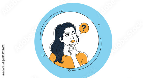 Pensive young woman with her hand on her chin looks upwards with a question mark in a thought bubble inside a blue circular frame.