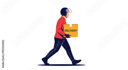 Fast delivery man wearing a red jacket and safety helmet walks quickly while carrying a large cardboard box across a white background.